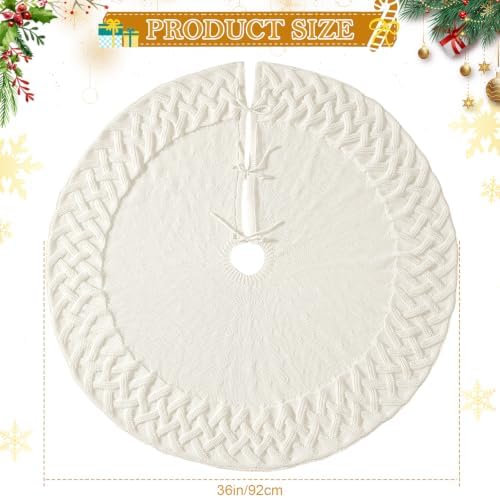 TOCHGREEN White Knitted Christmas Tree Skirt 36 inches Chunky Cable Knit Thick Rustic Christmas Tree Mat Farmhouse Decor Xmas Tree Base Cover for Home Holiday New Year Party Decor (White, 36inch)
