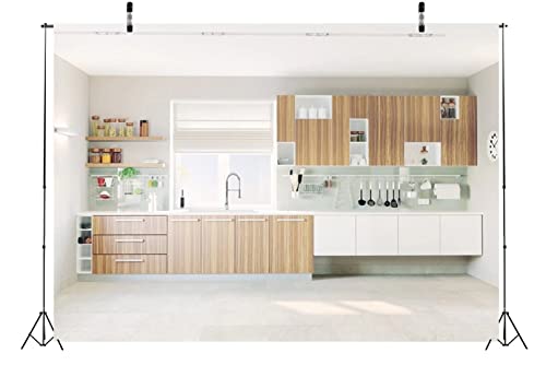 BELECO 5x4ft Fabric Modern Kitchen Backdrop Cooking Baking Background Wall Cabinet Cupboard Kitchenware Window Background Selfie Photoshoot Online Teaching Video YouTube Studio Photography Props