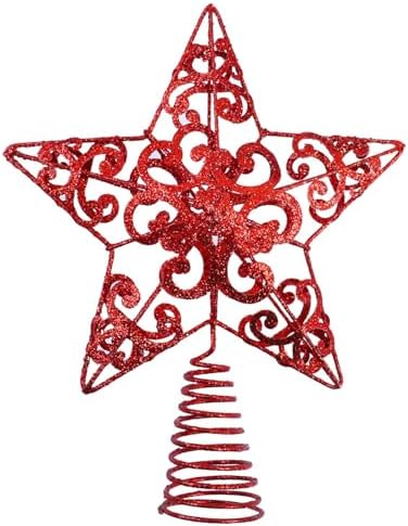 Aneco 10 Inches Metal Glittered Christmas Tree Topper Star Treetop Decoration for Christmas Home Decor, Red