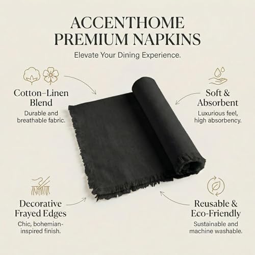 ACCENTHOME Black Cotton Linen Napkin Set of 12 18x18 inch Dinner Napkins - Washable Soft Premium Hotel Quality Reusable Hemmed Edges Napkins Perfect Table Linens for Family Dinners, Weddings - color: 08 - Black, size: 18"x18" - Pack of 12
