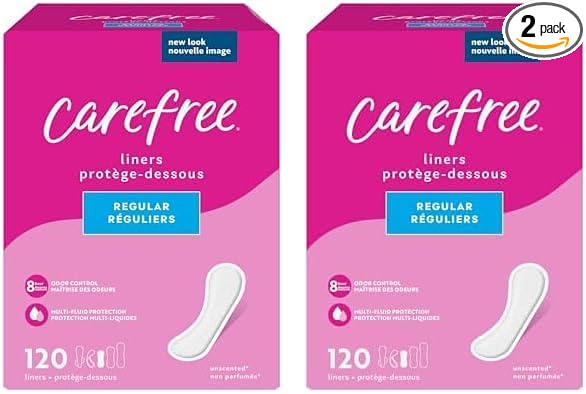 Carefree Panty Liners, Regular Liners, Unwrapped, Unscented, 120ct (Packaging May Vary) (Pack of 2)
