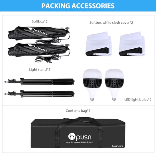 HPUSN Softbox Lighting Kit 2x76x76cm Professional Continuous Studio Photography Photo Studio Equipment with 2pcs E27 Socket 85W 6500K LED Bulbs for Portrait and Product Shooting - size: SB02PRO