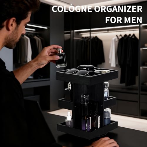 Cologne Organizer for Men, 3-Tier Rotating Cologne Stand with Non-Slip Pads, Large Capacity Wood Perfume Shelf for Desk & Nightstand, Gifts for Men Husband Birthday (Black)