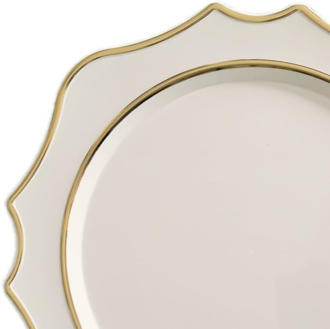 " OCCASIONS " 40 Pieces 13.25'' Scalloped Disposable/Reusable Plastic Charger Plates for Wedding, (Scalloped Imperial Ivory & Gold)