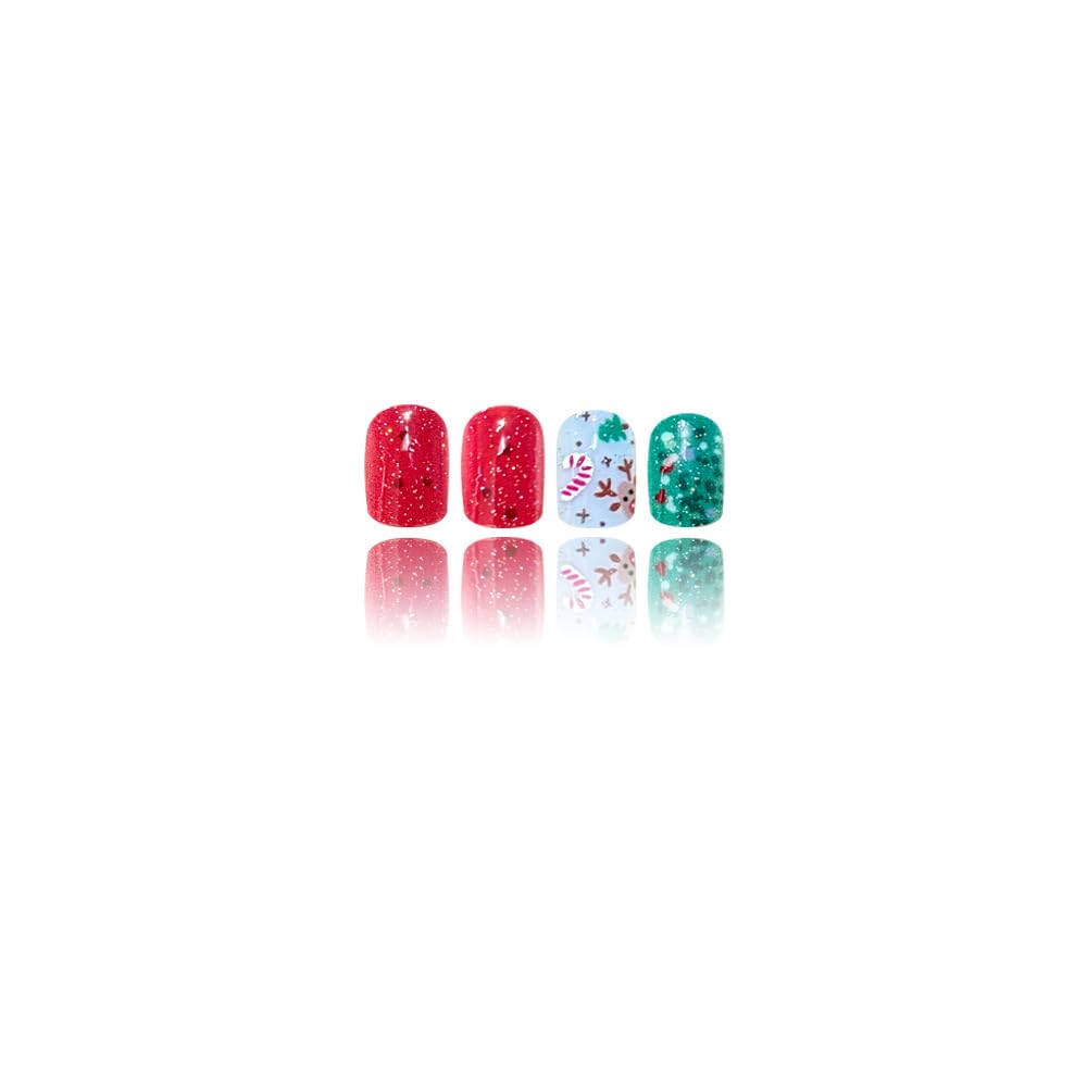 Christmas Short Press on Nails EIK Winter Fake Nails with Glitter Designs Crutch Red Full Cover Stick on Nails Christmas Tree Square Nail Press ons Xmas Reusable Cute False Nail for Women 24Pcs