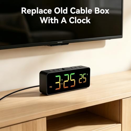 Netzu 2-in-1 Digital Alarm Clocks for Living Room Bedroom | Small Clock with Temperature & Time Display - RGB Display, 4 Levels & off Birghtness, 3 Volumes, Plug-in Use, Compact, Snooze