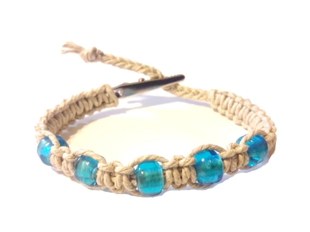 Hempnotic Jewelry Boho Hippie Light Blue Beaded Adjustable Alligator Clip Hemp Bracelet - Handmade