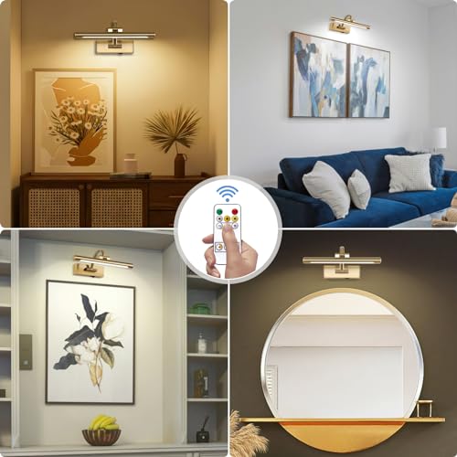 Tassuowell Rechargeable Picture Light with Remote Control,12 Inch Brass Finish Adjustable Wireless Art Lighting Fixture,Painting Lights with Timer,3 Color Temperature and Dimmable - color: Brass, size: 12inch