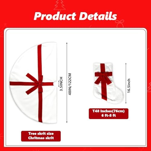 Christmas Tree Skirt 48 Inch, White Tree Skirt with Red Bow,Christmas Decorations,Xmas Tree Skirt for Home Party Holiday Indoor Outdoor Decorations (48inch +18inch Christmas Stocking)