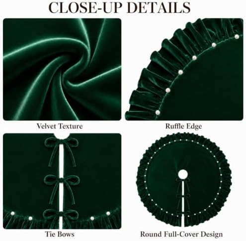 Christmas Tree Skirt,Velvet Tree Skirt with Ruffled Edge with Pearls, Classic Large Velvet Fur Plush Tree Skirt for Merry Christmas(DarkGreen,48Inch)