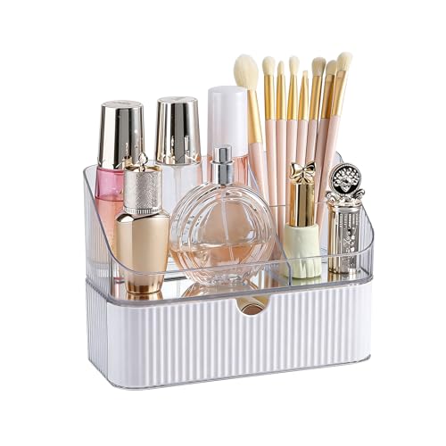 DASITON Makeup Organizer with Drawers, 2 Tier Stackable Organizer for Cosmetics, Skincare, Lipsticks, Makeup Brush, Acrylic Small Makeup Organizers for Vanity Bathroom Countertop Desk Storage (White)