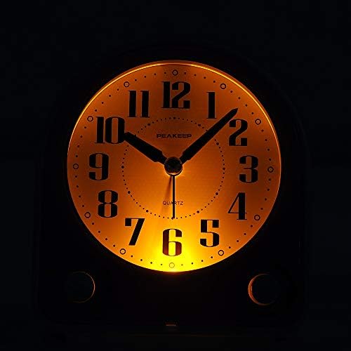 Peakeep Analog Alarm Clock Non-Ticking Silent, 7 Wake-up Sounds | with Volume Control, Nightlight and Snooze, AA Battery Operated (Black)