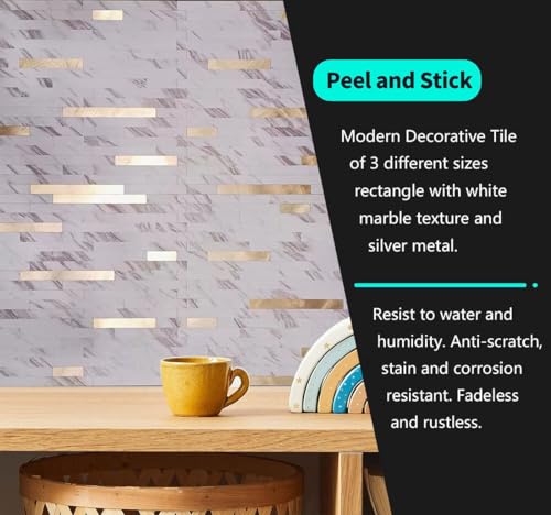 10-Sheet Peel and Stick Backsplash Tile, PVC Mixed Metal Stick on Kitchen, Bathroom Vanities, Fireplace Décor, Laundry Table (White Marble + Golden-2) - color: White Marble + Golden-2