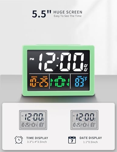 JALL Digital Clock with Date Day for Seniors, Electric Alarm Clocks for Bedrooms with Temperature, 2 Alarms, Dimmer, Dual USB Charger, Battery Backup, Volume Control, Snooze, Bedside Desk Clock, Green
