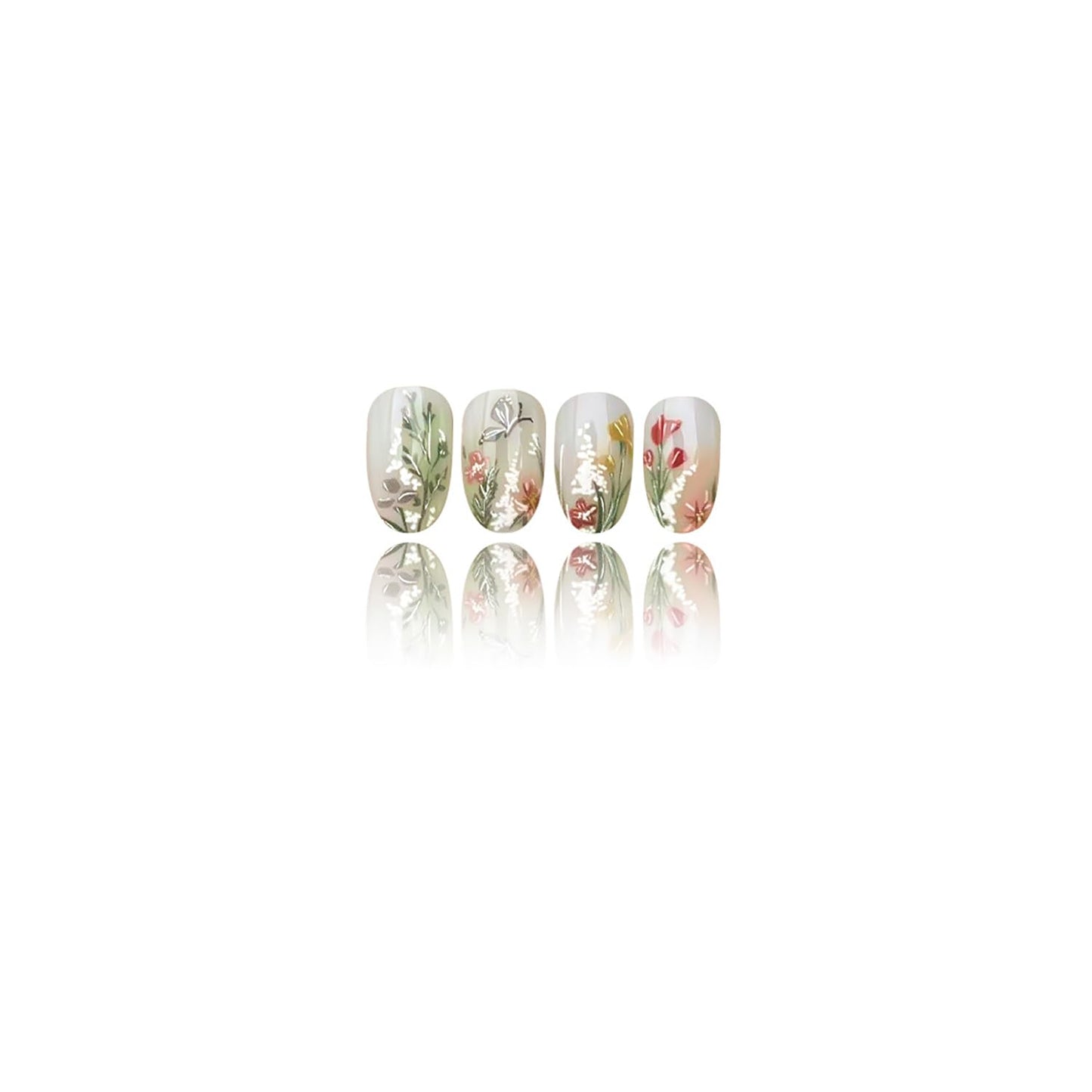 Floral Butterfly Press on Nails Summer Fake Nails Almond Shape Nails Press ons Reusable Glossy False Nails Small Flowers Acrylic Nails Elegant Full Cover Stick on Nails for Women Nature Manicure