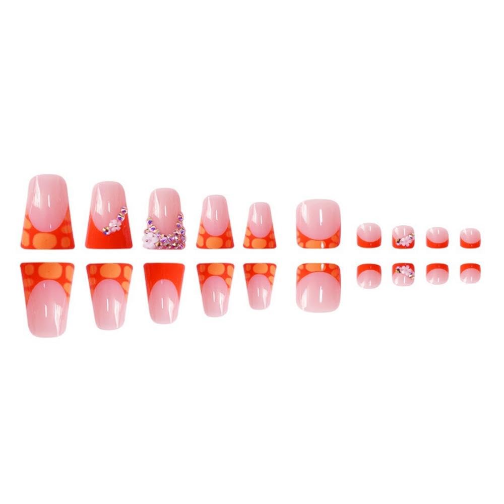 48Pcs Orange French Tip Press on Nails Medium Duck Fake Nails with Flower Rhinestones Design Short Square Press on Toenails Crocodile Print False Toenails Floral Fake Toenails for Women Girls Manicure
