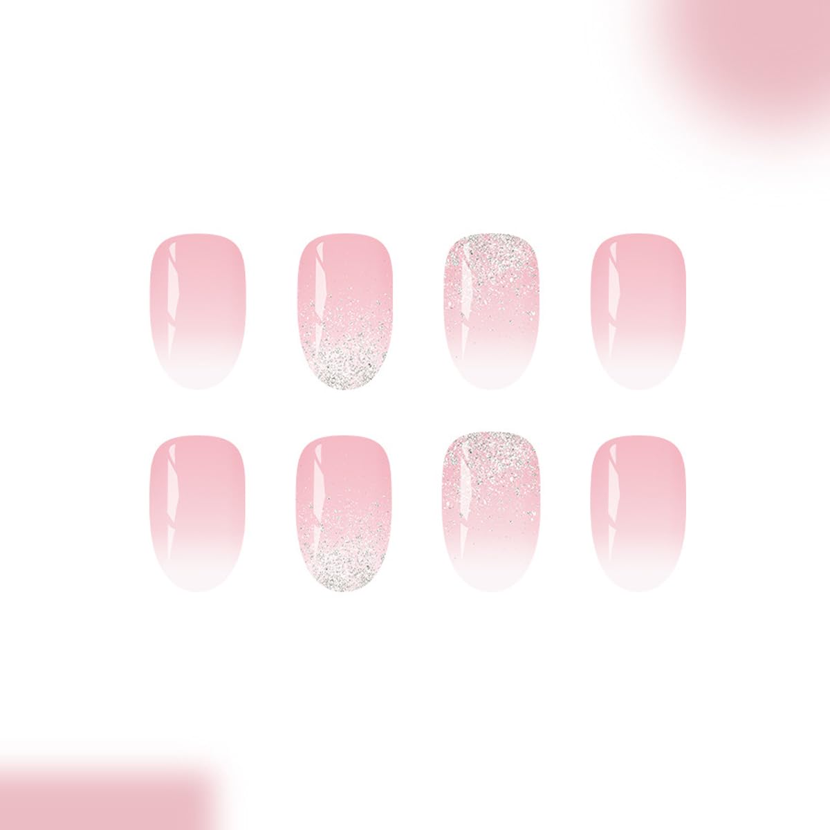 Short Oval Press on Nails Glitter Fake Nails White Ombre False Nails Elegant Full Cover Glossy Stick on Nails for Women Manicure 24PCS