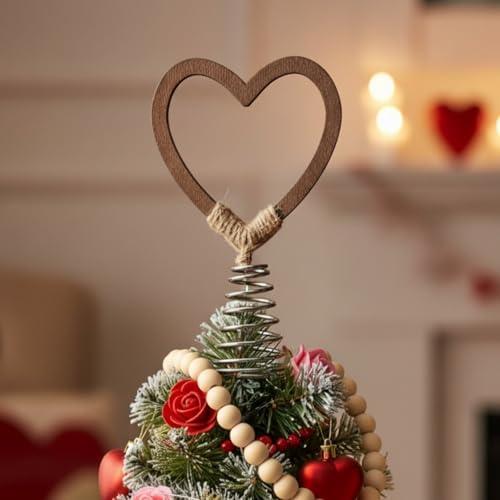 Gejoy 5.5 Inch Mini Wood Valentine's Tree Topper Natural Heart Tree Topper, Farmhouse Rustic Wooden Heart Ornaments for Valentines Day Decoration Couple Gifts
