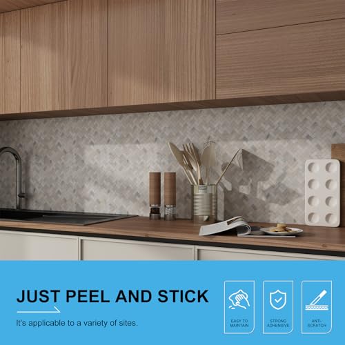 5-Sheet 3D Herringbone Peel and Stick Stone Tiles, Genuine Marble Self Adhesive Backsplash, Waterproof Heat Resistant for Kitchen Bathroom Fireplace, Mixed Gray (Covers 4.5 Sq Ft)
