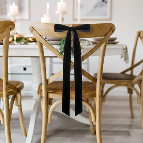 Velvet Bows for Christmas Tree Pack of 4 Large Rustic Crafts Gift Wreath Bow Ornaments for Xmas Topper Staircase Home Wedding Outdoor Interior Decor, 2" Width, 23 x 8.7 Inch (4, Black)