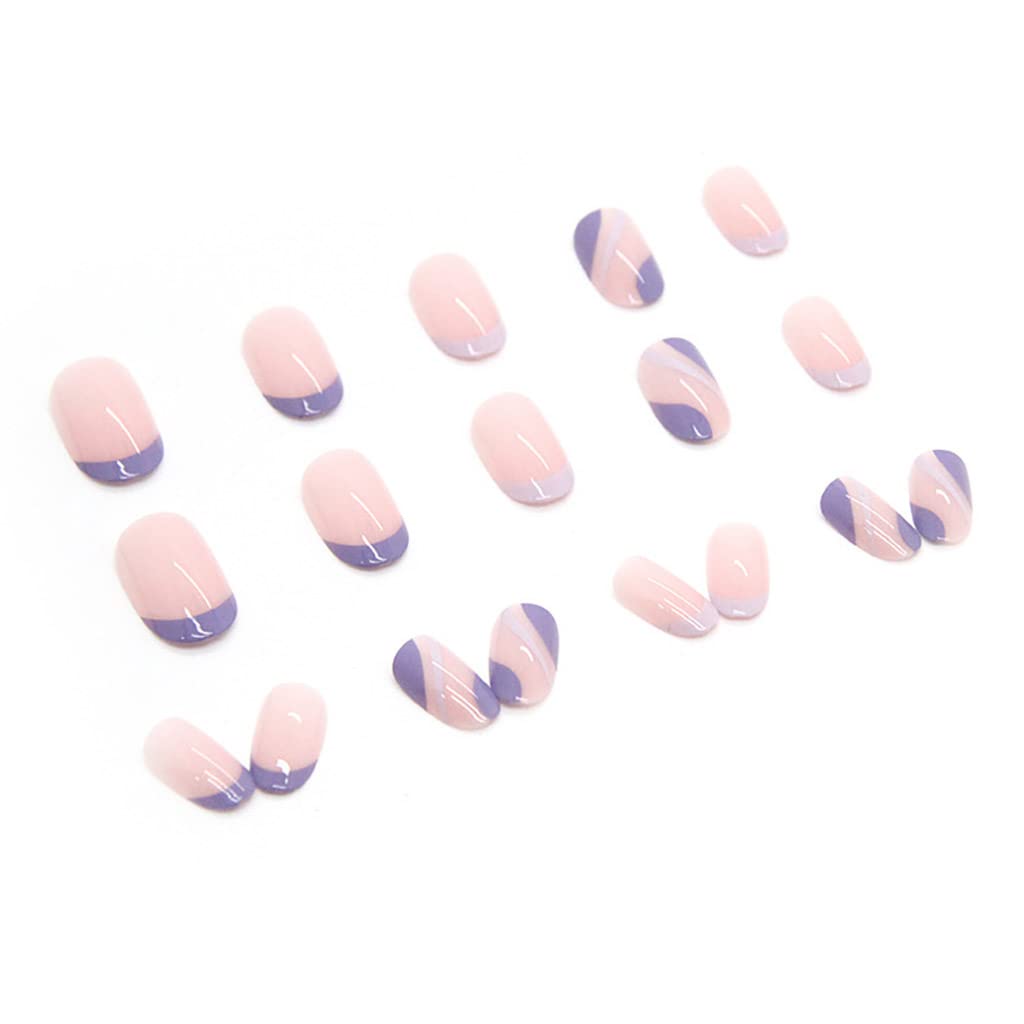RikView French Tip Press on Nails Short Fake Nails Oval Purple Nails for Women with Swirls Design