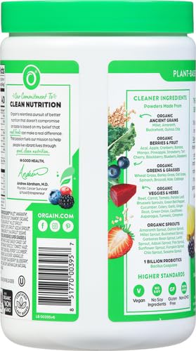 Orgain Organic Greens Powder + 50 Superfoods, Original - 1 Billion Probiotics for Gut Health, Antioxidants, Vegan, Plant Based, Gluten Free, Non GMO, Dairy Free Juice & Smoothie Mix - 0.62lb