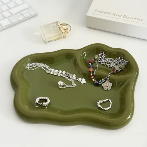 Green Ceramic Jewelry Tray Dish Large-sized Display Organizer Trinket Watch Keys, Dressing Table Decor Aesthetic Dish Holder for Mother's Day/Christmas/Thanksgiving/Birthday Gift