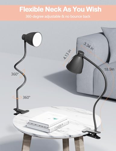 BOHON Desk Lamp 5 Color Modes 10 Brightness Dimmer Reading Light 10W 38 LED Clamp Lamp with Auto Off Timer 360° Flexible Neck Clip on Light for Bed Bedside, AC Adapter Include - color: Black