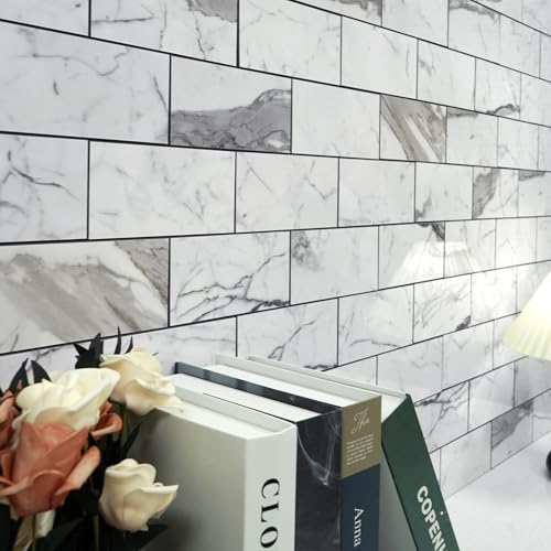 Vamos Tile 100-Piece Glossy Statury White Peel and Stick Backsplash Tile,3''x6'' PVC Subway Tile with Dark Gray Grout, Stick on Backsplash for Kitchen/Bathroom/Fireplace - color: Statury White with Dark Gray Grout