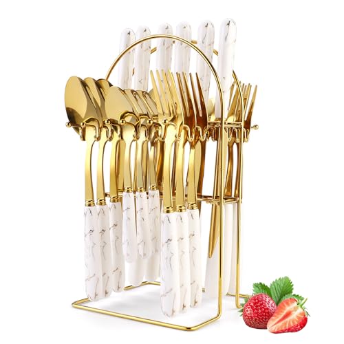 24 Pieces Flatware Set, Stainless Steel Cutlery Set with Silverware Holder, Modern Gold Silverware Set Includes Dinner Knives Forks Spoons,Hanging Silverware Set Service for 6 (White Gold) - color: White Gold