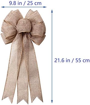Burlap Bow Holiday Wreath Bow DIY Crafts Rustic Jute Bowknot Ornaments for Christmas Tree Topper Wedding Party Decorations, 9.8x21.6 in
