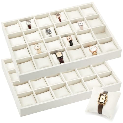 Henoyso 2 Pieces 24 Grid Velvet Watch Tray Jewelry Organizer Stackable Watch Bracelet Bangle Display Holder Adjustable Pillow(Beige) - color: Beige, size: 24 Grid