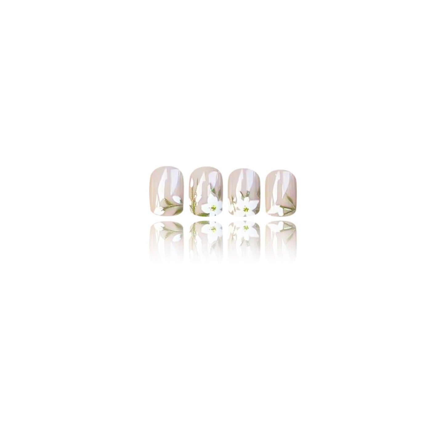 Short Square Press on Nails Nude Pink Base White Floral Green Leaf Patterns Shiny High Gloss Surface Gentle Manicure Artificial Nails Suitable for Elegant Unique Stick on Nails Stylish Charming 24 Pcs