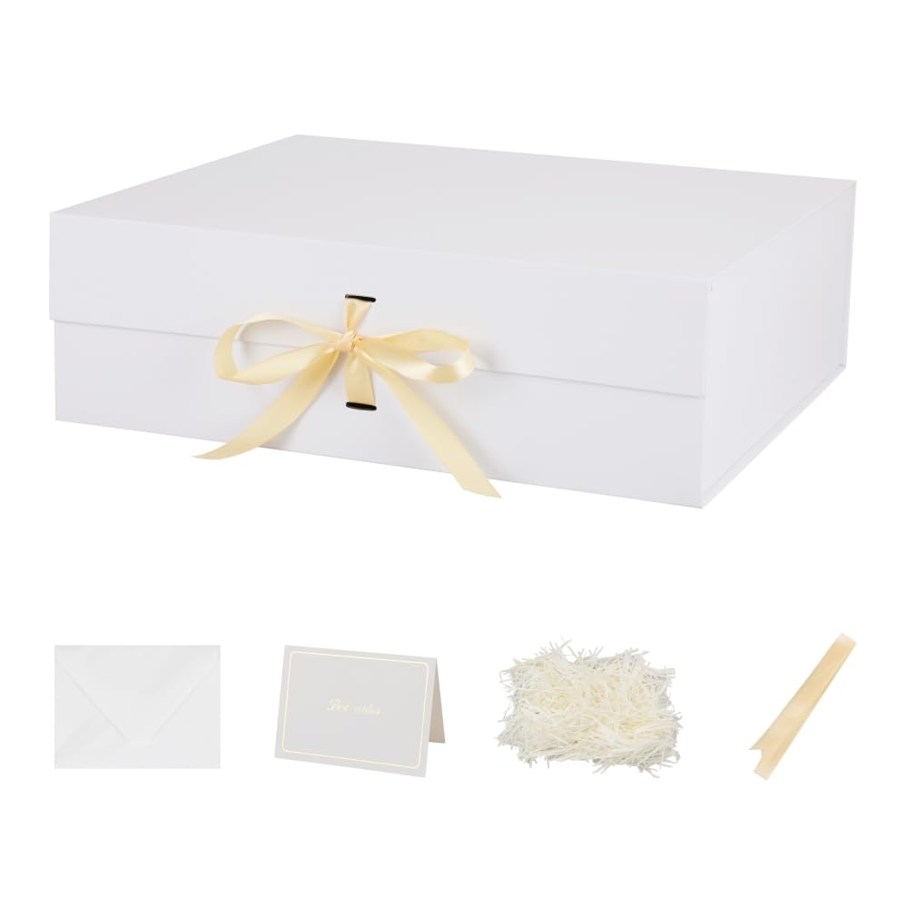 BoxSkivra White Extra Large Gift Box with Lid 1 Pack 19x16x6 Inch Large Gift Boxes with Crinkle Paper & Card Magnetic Gift Box with Ribbon for Wedding Dress