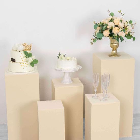 Efavormart Set of 5 Beige Spandex Rectangular Plinth Display Box Stand Covers, Stretchable Pedestal Pillar Prop Covers - 160 GSM