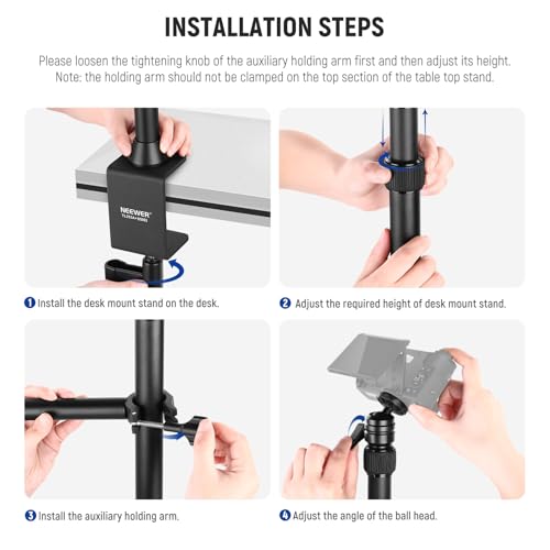 NEEWER Desk Stand with 2 Telescopic Boom Arms Phone Holder for Mic Camera Webcam Ring Light, Desktop Overhead Microphone Mount with C Clamp, Ball Heads, Screw Adapter, Cleaning Cloth, TL253A+DS001 - style: TL253A+DS001 w/Cleaning Cloth