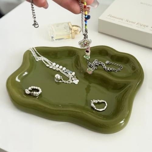 Green Ceramic Jewelry Tray Dish Large-sized Display Organizer Trinket Watch Keys, Dressing Table Decor Aesthetic Dish Holder for Mother's Day/Christmas/Thanksgiving/Birthday Gift