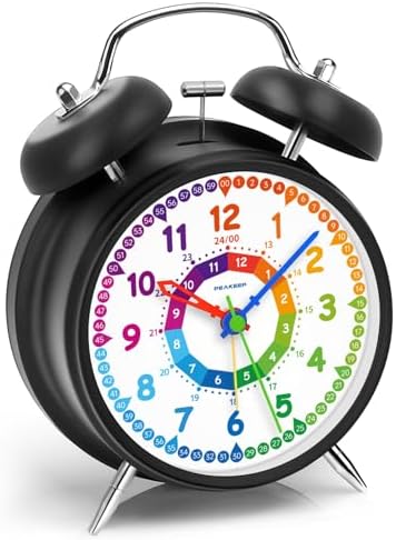 Peakeep Learning Clock for Kids Time Teaching, Loud Alarm to Wake Up | 4.5" Twin Bell Alarm Clock Battery Operated for Teenagers Kids, Kids' Room (Black)