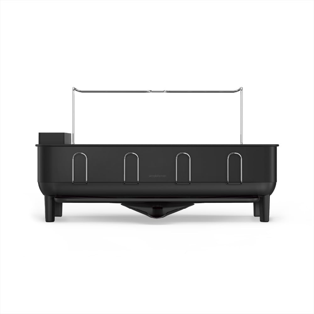 simplehuman Large Capacity Dish Drying Rack with Stainless Steel Frame, 360º Easy Drain Swivel Spout, Utensil & Wine Glass Holder, Anti-Residue Coating, Moisture Control Surface, Matte Black