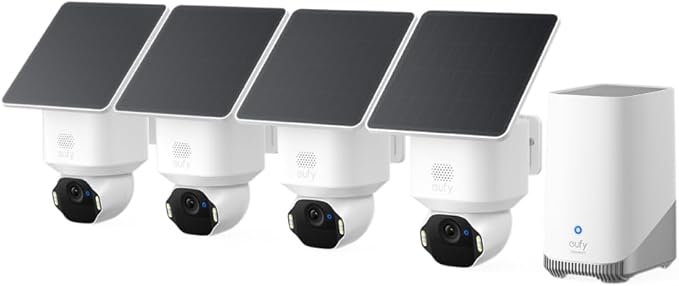 eufy Security SoloCam E42 4-Cam Kit (HomeBase S380), 4K Security Camera Wireless Outdoor, Solar Powered, AI Motion Tracking, Strobe Light, Pan & Tilt, Facial Recognition, Local Storage Up to 16 TB