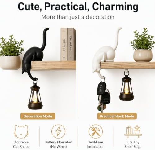 Cat Shelf Hook with Lantern,Resin 3D Print,Book Ledge Decor for Cat Owners