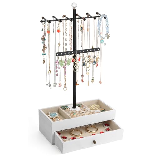 Meangood Jewelry Organizer Stand, 3-Tier Necklace Holder Jewelry Tree with Wooden Storage Drawer Box for Necklace Bracelet Earring Ring,White - color: Light White