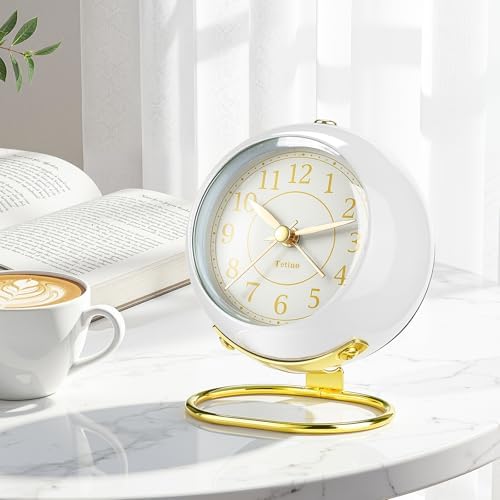 Analog Alarm Clocks,Retro Backlight Cute Simple design Small desk Clock With Night Light,Silent Non-Ticking,Battery Powered,For Kids,teens,Bedroom,travel,kitchen,Bedside Desk decor. (Bright White)