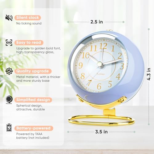 Analog Alarm Clocks,Retro Backlight Cute Simple design Small desk Clock With Night Light,Silent Non-Ticking,Battery Powered,For Kids,teens,Bedroom,travel,kitchen,Bedside Desk decor. (Retro Blue)