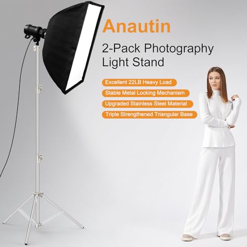 Anautin 9.2 FT Stainless Steel Light Stand Photography, 2 Pack Heavy Duty Photography Tripod Stand with 1/4” to 3/8” Screw Adapter for Strobe,LED Video Light,Ring Light, Monolight, Softbox