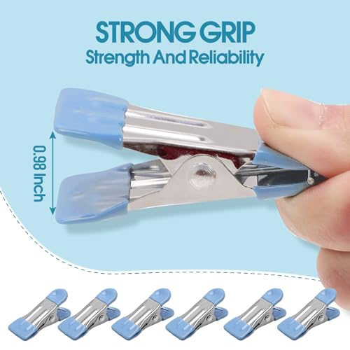 Clothes Pins Heavy Duty 30 Pack - 2.17 Inch Metal Chip Clips, Clothespins for Photo Drying Clothesline Laundry Sock, Bag Clips for Food Kitchen Stainless Steel with Rubber, Blue - color: Light Blue