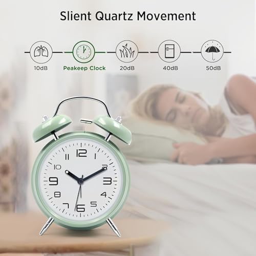 Azyh Loud Alarm Clock for Heavy Sleepers Adults, Metal 4 Inches Twin Bell Battery Operated Alarm Clocks for Bedrooms Decoration, Silent Non-Ticking Back-to-School Gift (Mint Green)