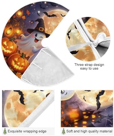 Halloween Christmas Tree Skirt Decoration, Large Tree Skirt Ornament 48 Inch with Halloween Ghost Pumpkins Xmas Tree Skirts Seasonal Round Tree Stand Mat for House Party Indoor Home Office Decor