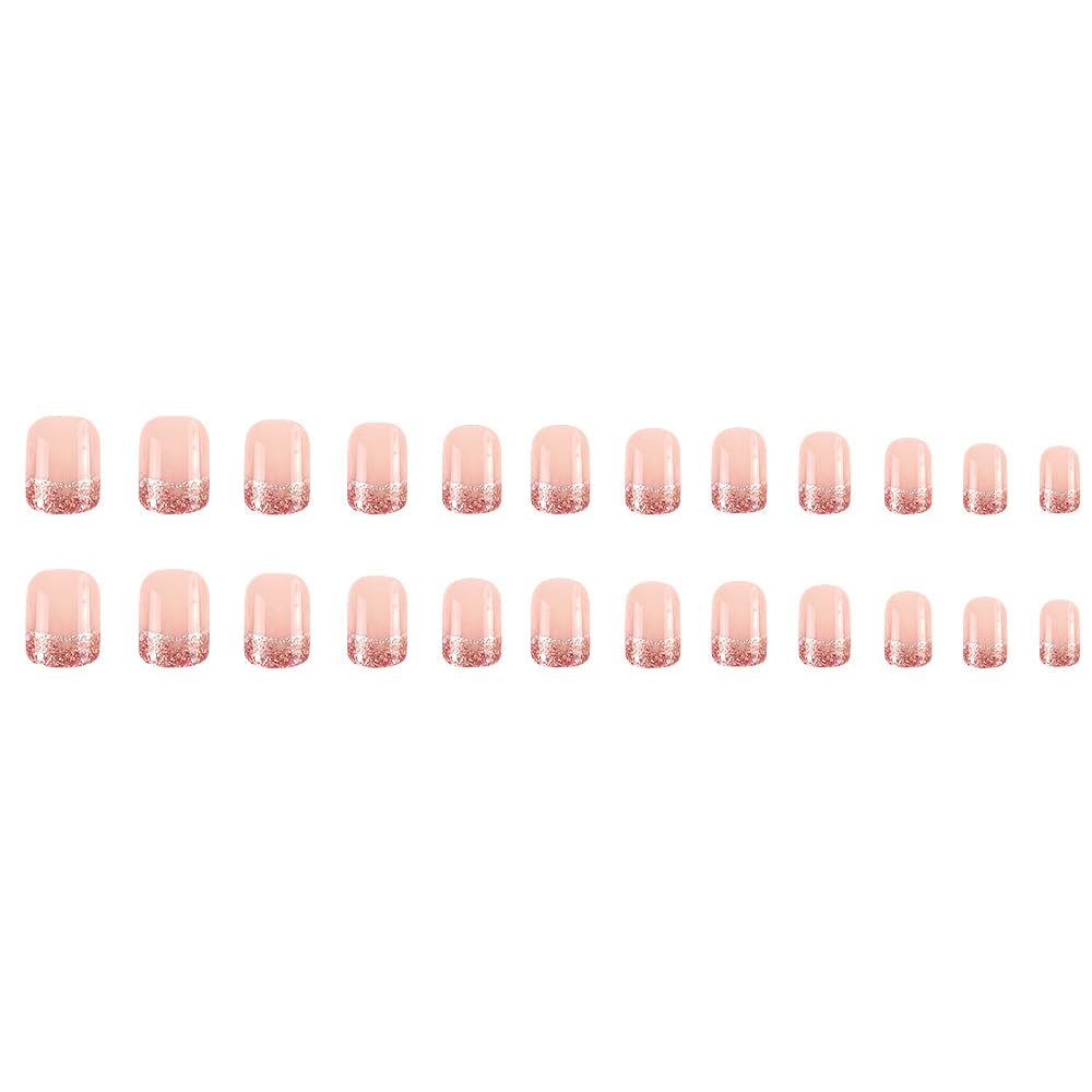 Starry Sky French Tip Press on Nails Medium Square Fake Nails Silver Glitter French Design False Nails Shine Nude Pink Full Cover Glossy Acrylicl Artificial Nails for Women Manicure Salon 24Pcs