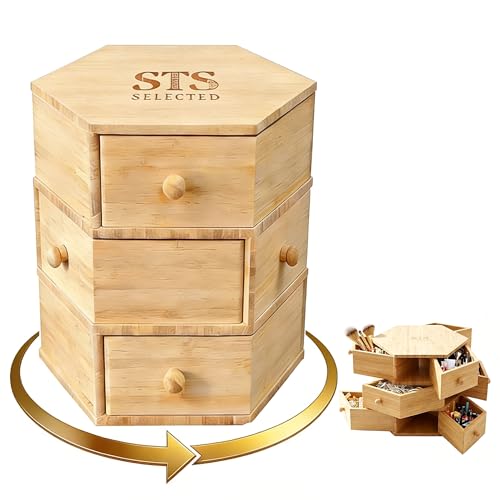 360° Rotatable Bamboo Desktop Organizer, Large Capacity Cosmetic & Jewelry Storage for Makeup Serum, Diamond, Easy Setup No Assembly (4-Tier 12-Drawers)